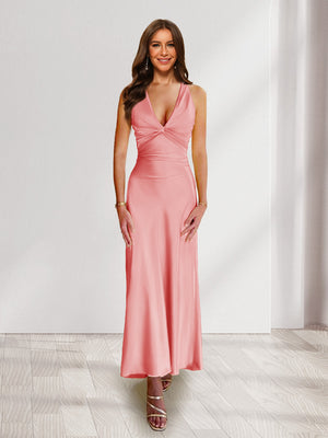 Sheath/Column Deep V-Neck Pleated Long Bridesmaid Dresses with Bow Back