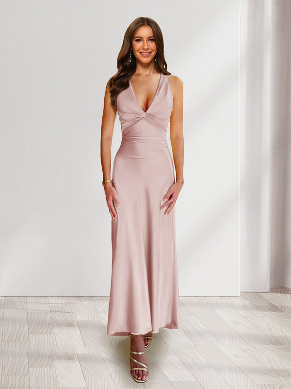 Sheath/Column Deep V-Neck Pleated Long Bridesmaid Dresses with Bow Back