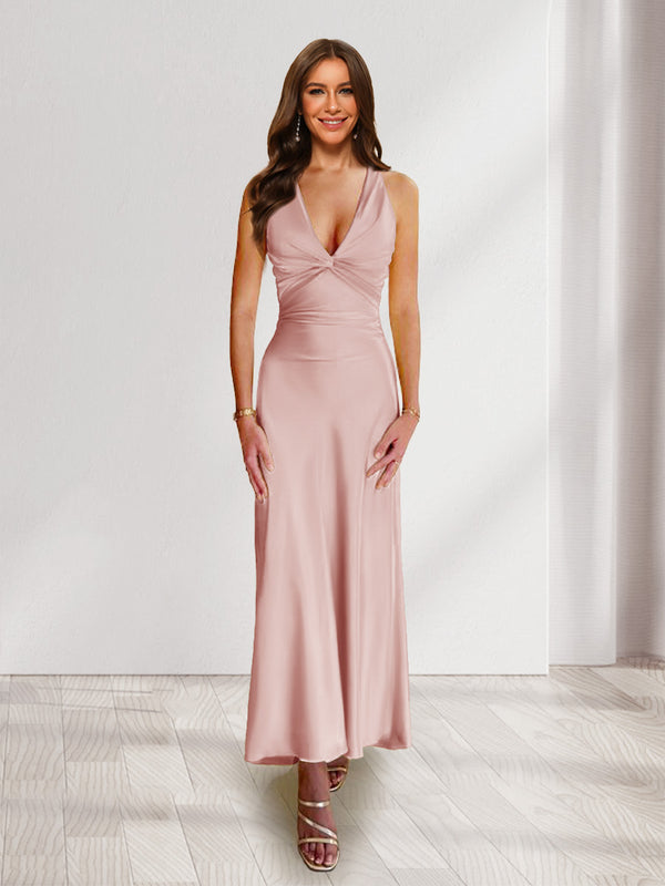 Sheath/Column Deep V-Neck Pleated Long Bridesmaid Dresses with Bow Back