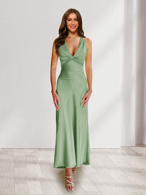 Sheath/Column Deep V-Neck Pleated Long Bridesmaid Dresses with Bow Back