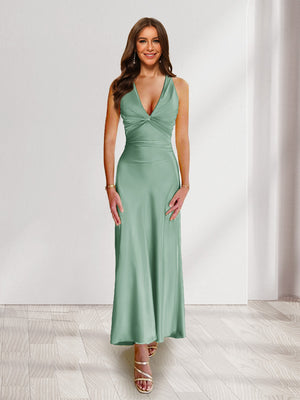 Sheath/Column Deep V-Neck Pleated Long Bridesmaid Dresses with Bow Back