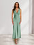Sheath/Column Deep V-Neck Pleated Long Bridesmaid Dresses with Bow Back