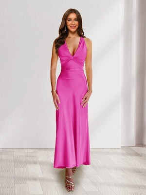 Sheath/Column Deep V-Neck Pleated Long Bridesmaid Dresses with Bow Back