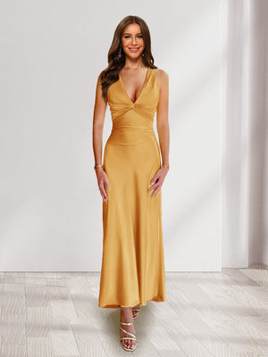 Sheath/Column Deep V-Neck Pleated Long Bridesmaid Dresses with Bow Back