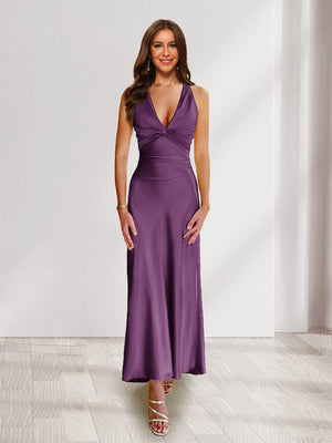 Sheath/Column Deep V-Neck Pleated Long Bridesmaid Dresses with Bow Back