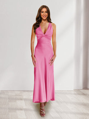 Sheath/Column Deep V-Neck Pleated Long Bridesmaid Dresses with Bow Back