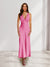 Sheath/Column Deep V-Neck Pleated Long Bridesmaid Dresses with Bow Back