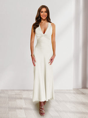 Sheath/Column Deep V-Neck Pleated Long Bridesmaid Dresses with Bow Back