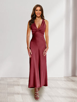 Sheath/Column Deep V-Neck Pleated Long Bridesmaid Dresses with Bow Back