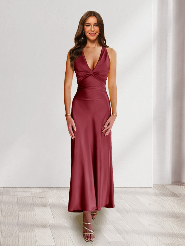 Sheath/Column Deep V-Neck Pleated Long Bridesmaid Dresses with Bow Back
