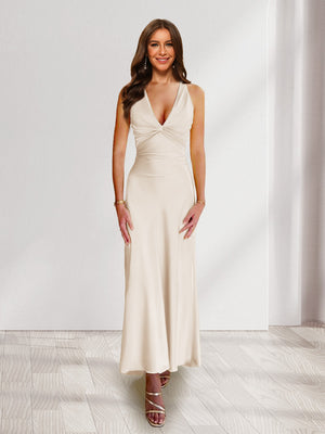 Sheath/Column Deep V-Neck Pleated Long Bridesmaid Dresses with Bow Back