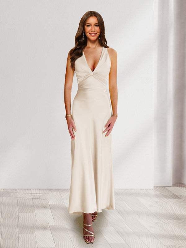 Sheath/Column Deep V-Neck Pleated Long Bridesmaid Dresses with Bow Back