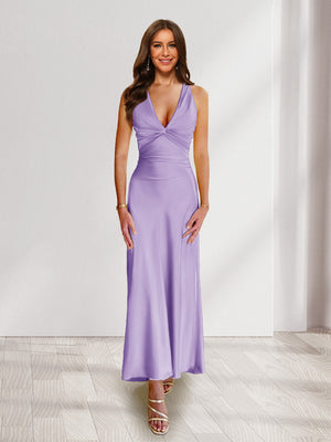 Sheath/Column Deep V-Neck Pleated Long Bridesmaid Dresses with Bow Back