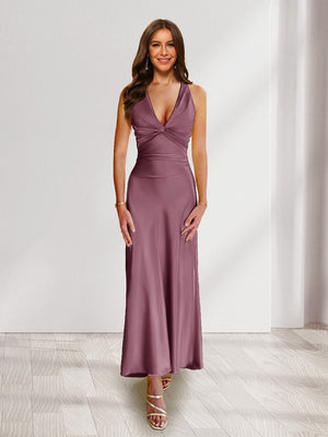 Sheath/Column Deep V-Neck Pleated Long Bridesmaid Dresses with Bow Back
