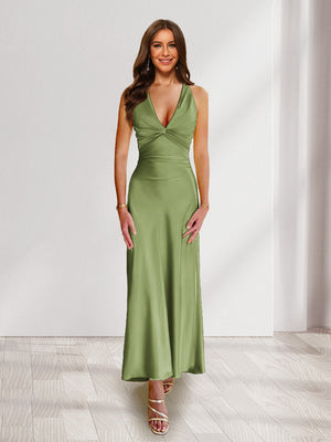 Sheath/Column Deep V-Neck Pleated Long Bridesmaid Dresses with Bow Back