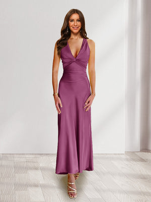 Sheath/Column Deep V-Neck Pleated Long Bridesmaid Dresses with Bow Back
