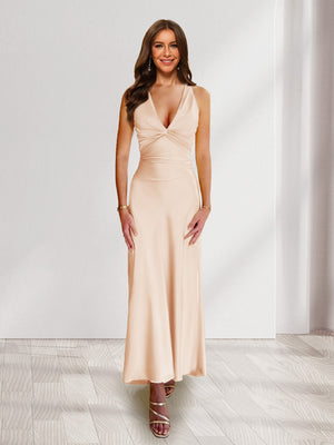 Sheath/Column Deep V-Neck Pleated Long Bridesmaid Dresses with Bow Back