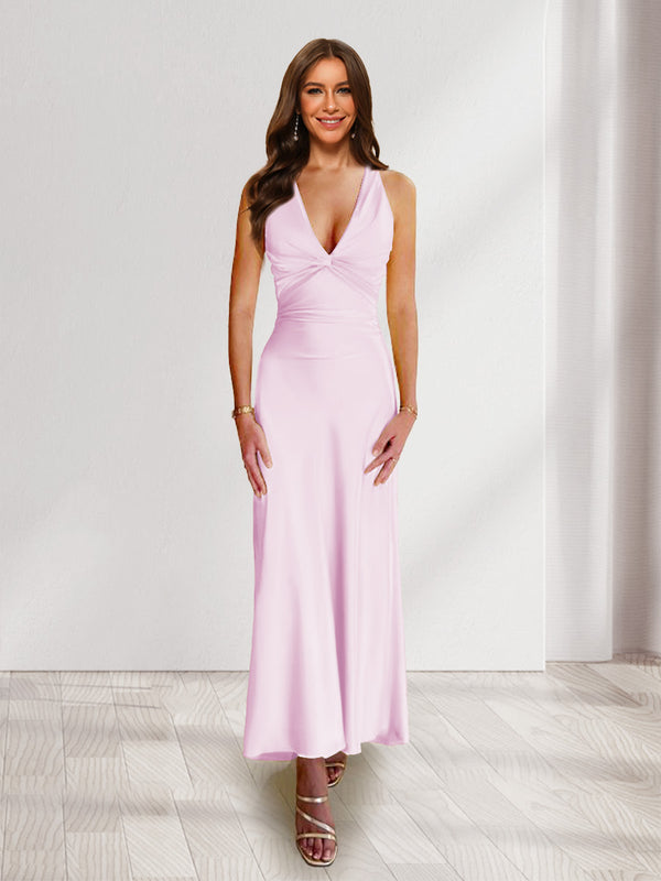 Sheath/Column Deep V-Neck Pleated Long Bridesmaid Dresses with Bow Back
