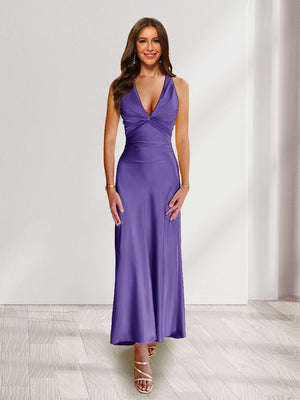 Sheath/Column Deep V-Neck Pleated Long Bridesmaid Dresses with Bow Back