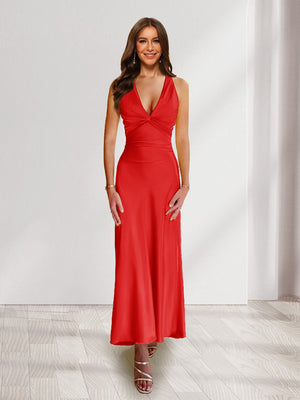 Sheath/Column Deep V-Neck Pleated Long Bridesmaid Dresses with Bow Back
