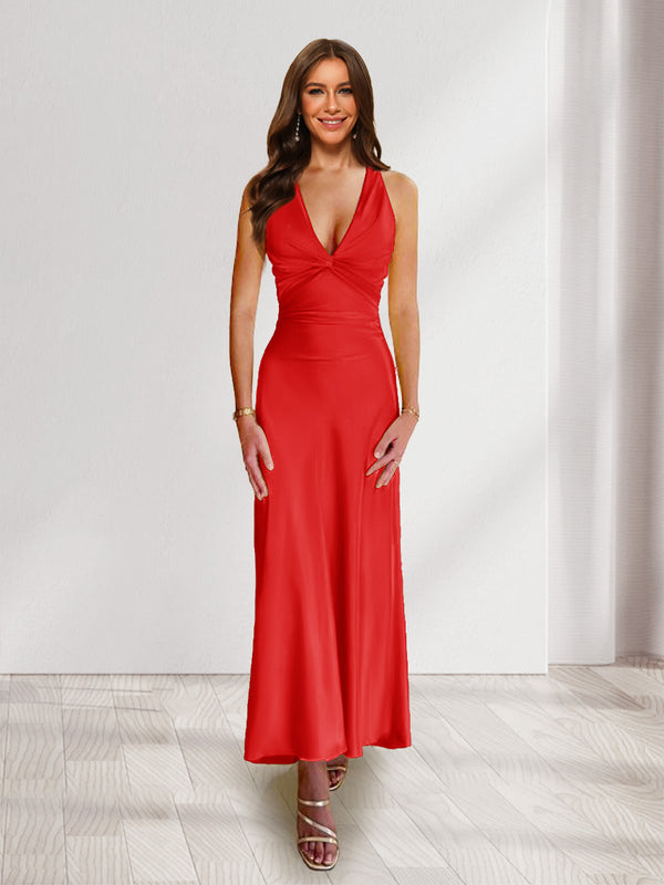 Sheath/Column Deep V-Neck Pleated Long Bridesmaid Dresses with Bow Back