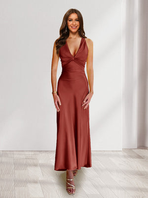 Sheath/Column Deep V-Neck Pleated Long Bridesmaid Dresses with Bow Back