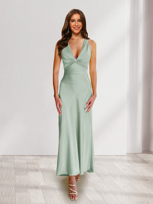 Sheath/Column Deep V-Neck Pleated Long Bridesmaid Dresses with Bow Back