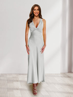 Sheath/Column Deep V-Neck Pleated Long Bridesmaid Dresses with Bow Back