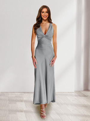 Sheath/Column Deep V-Neck Pleated Long Bridesmaid Dresses with Bow Back