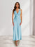Sheath/Column Deep V-Neck Pleated Long Bridesmaid Dresses with Bow Back