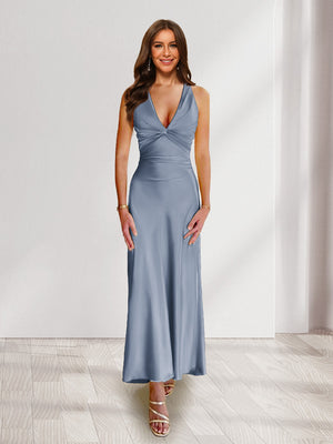 Sheath/Column Deep V-Neck Pleated Long Bridesmaid Dresses with Bow Back