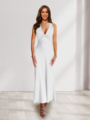 Sheath/Column Deep V-Neck Pleated Long Bridesmaid Dresses with Bow Back
