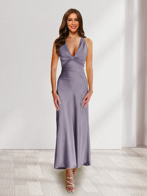 Sheath/Column Deep V-Neck Pleated Long Bridesmaid Dresses with Bow Back