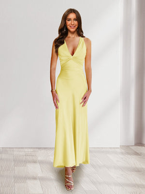 Sheath/Column Deep V-Neck Pleated Long Bridesmaid Dresses with Bow Back