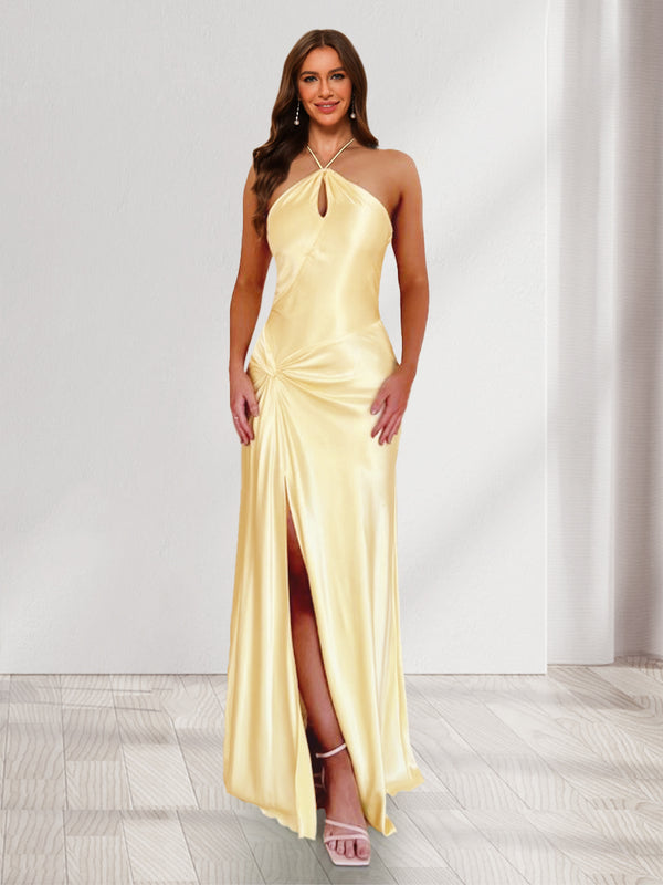 Sheath/Column Halter Keyhole Ruched Long Bridesmaid Dresses with Split Side