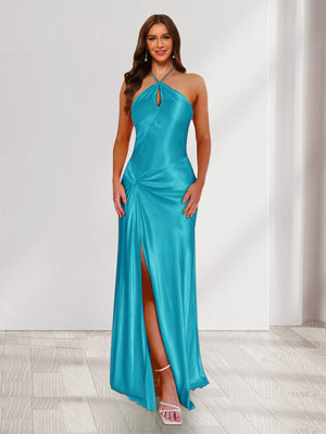 Sheath/Column Halter Keyhole Ruched Long Bridesmaid Dresses with Split Side