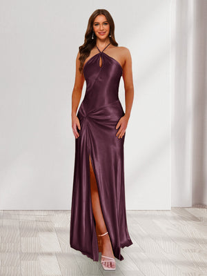 Sheath/Column Halter Keyhole Ruched Long Bridesmaid Dresses with Split Side