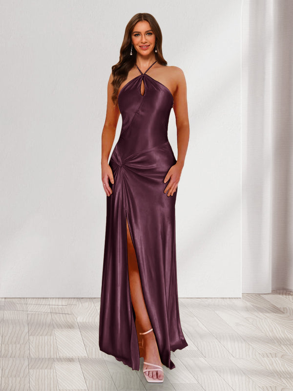 Sheath/Column Halter Keyhole Ruched Long Bridesmaid Dresses with Split Side