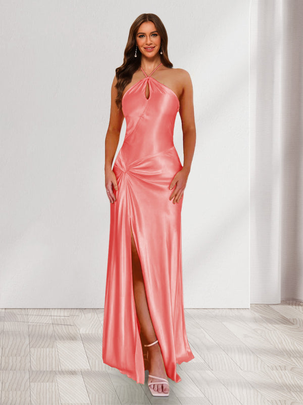 Sheath/Column Halter Keyhole Ruched Long Bridesmaid Dresses with Split Side