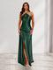 Sheath/Column Halter Keyhole Ruched Long Bridesmaid Dresses with Split Side