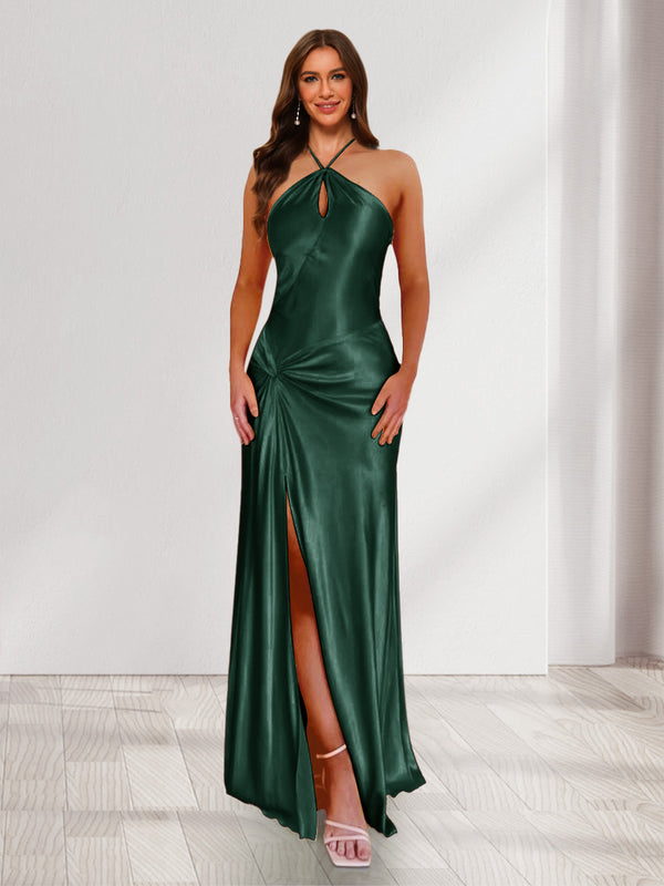 Sheath/Column Halter Keyhole Ruched Long Bridesmaid Dresses with Split Side