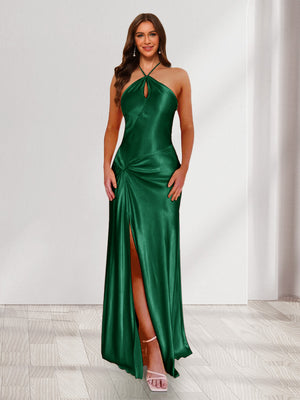 Sheath/Column Halter Keyhole Ruched Long Bridesmaid Dresses with Split Side