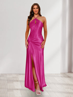 Sheath/Column Halter Keyhole Ruched Long Bridesmaid Dresses with Split Side