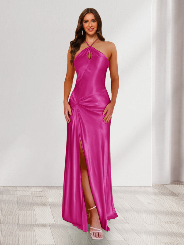 Sheath/Column Halter Keyhole Ruched Long Bridesmaid Dresses with Split Side