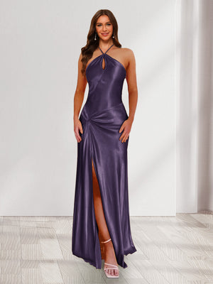 Sheath/Column Halter Keyhole Ruched Long Bridesmaid Dresses with Split Side