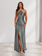 Sheath/Column Halter Keyhole Ruched Long Bridesmaid Dresses with Split Side