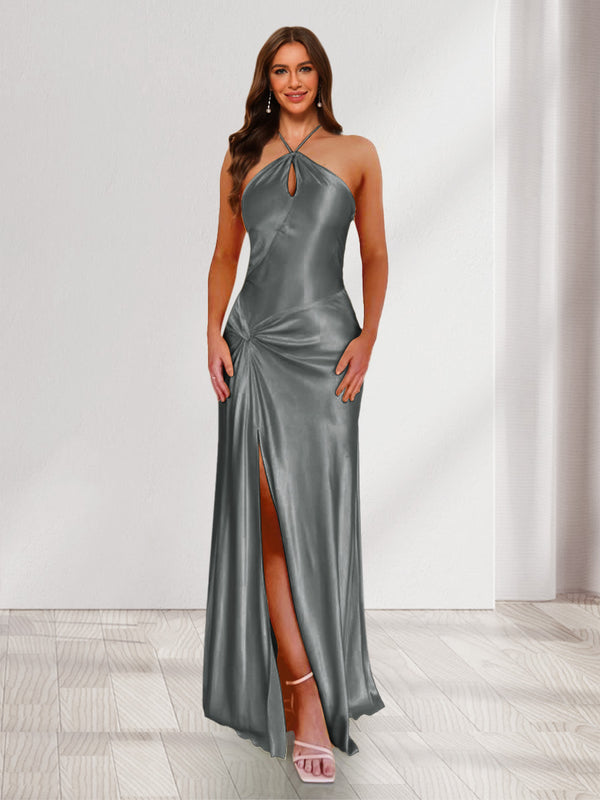 Sheath/Column Halter Keyhole Ruched Long Bridesmaid Dresses with Split Side