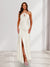 Sheath/Column Halter Keyhole Ruched Long Bridesmaid Dresses with Split Side