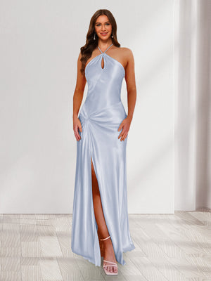 Sheath/Column Halter Keyhole Ruched Long Bridesmaid Dresses with Split Side