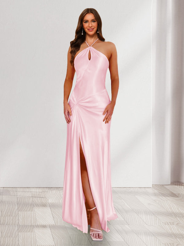 Sheath/Column Halter Keyhole Ruched Long Bridesmaid Dresses with Split Side